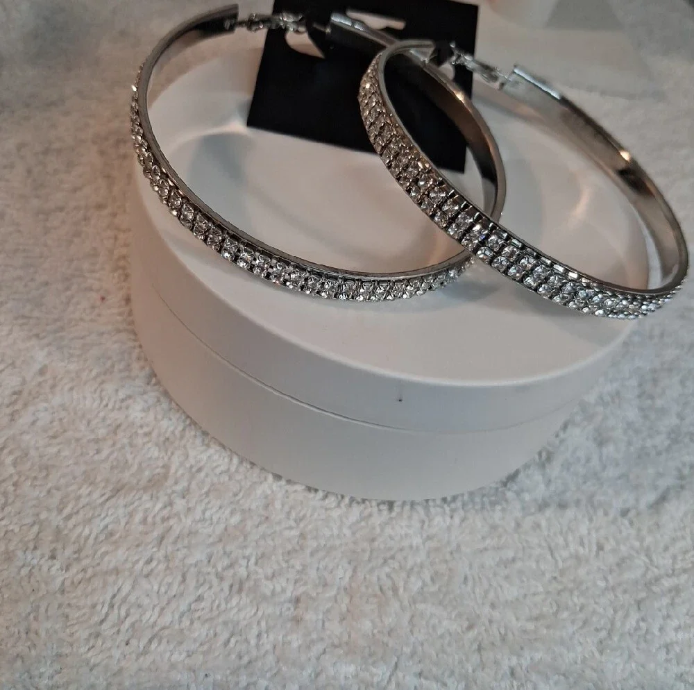 Large Rhinestone Hoop Earrings - Silver Sparkle